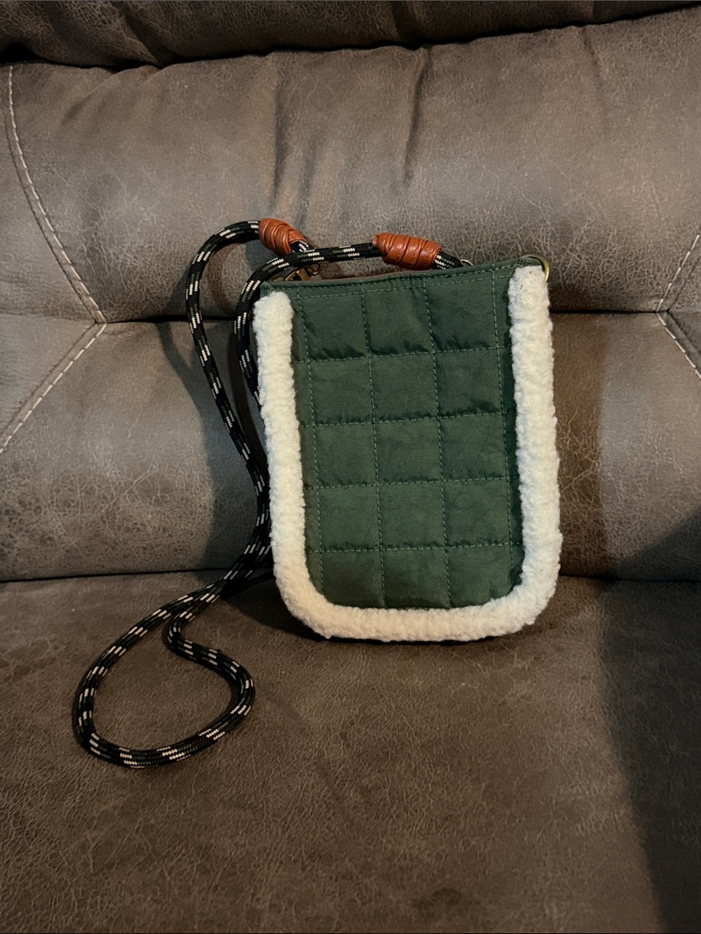 Universal Thread Quilted Forest Green Crossbody with Cream Sherpa Trim